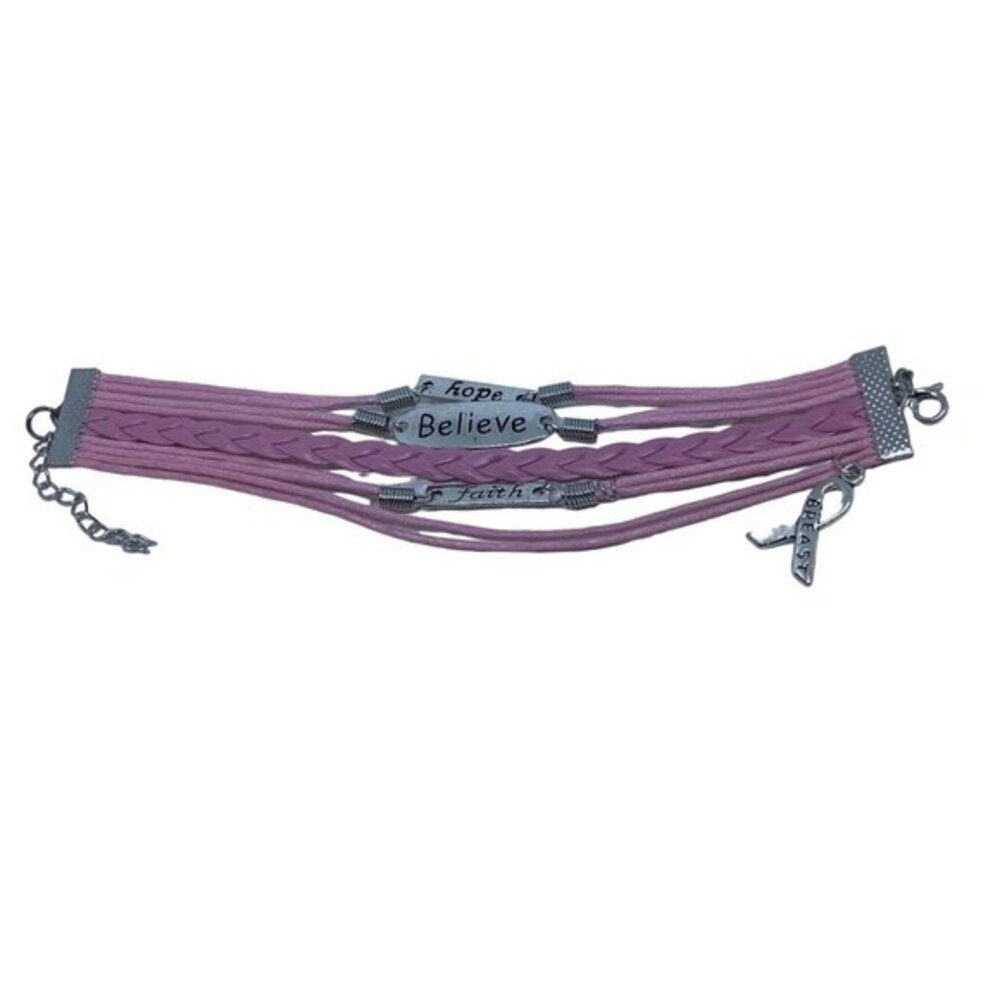 Pink Ribbon Breast Cancer Awareness FAITH BELIEVE HOPE Leather Braided Bracelet‎